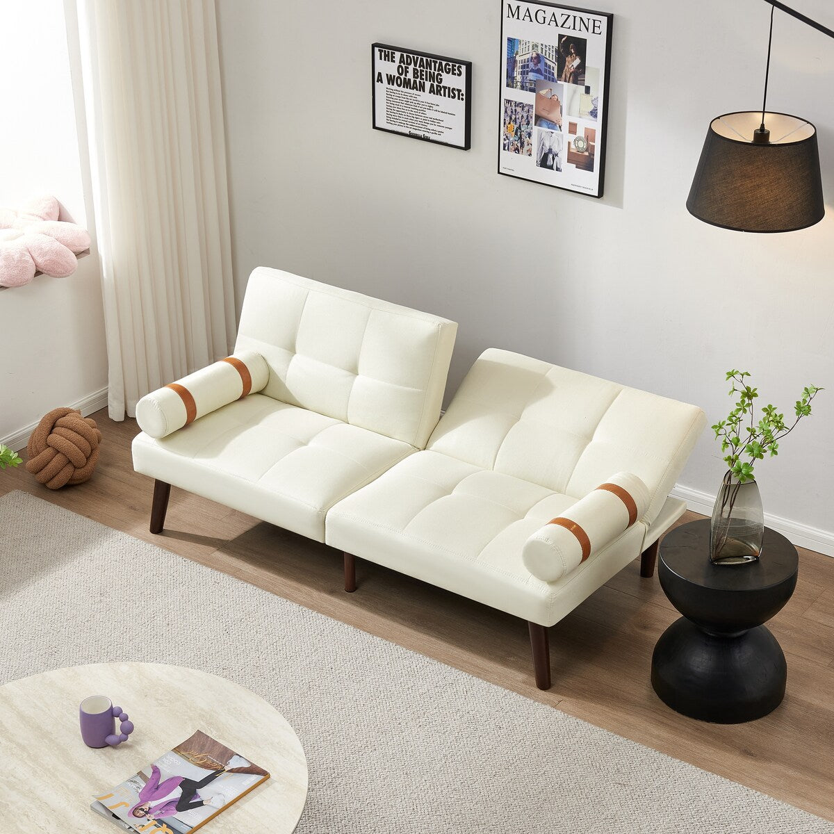 Convertible Sofa Bed Futon with Solid Wood Legs Linen Fabric Grey