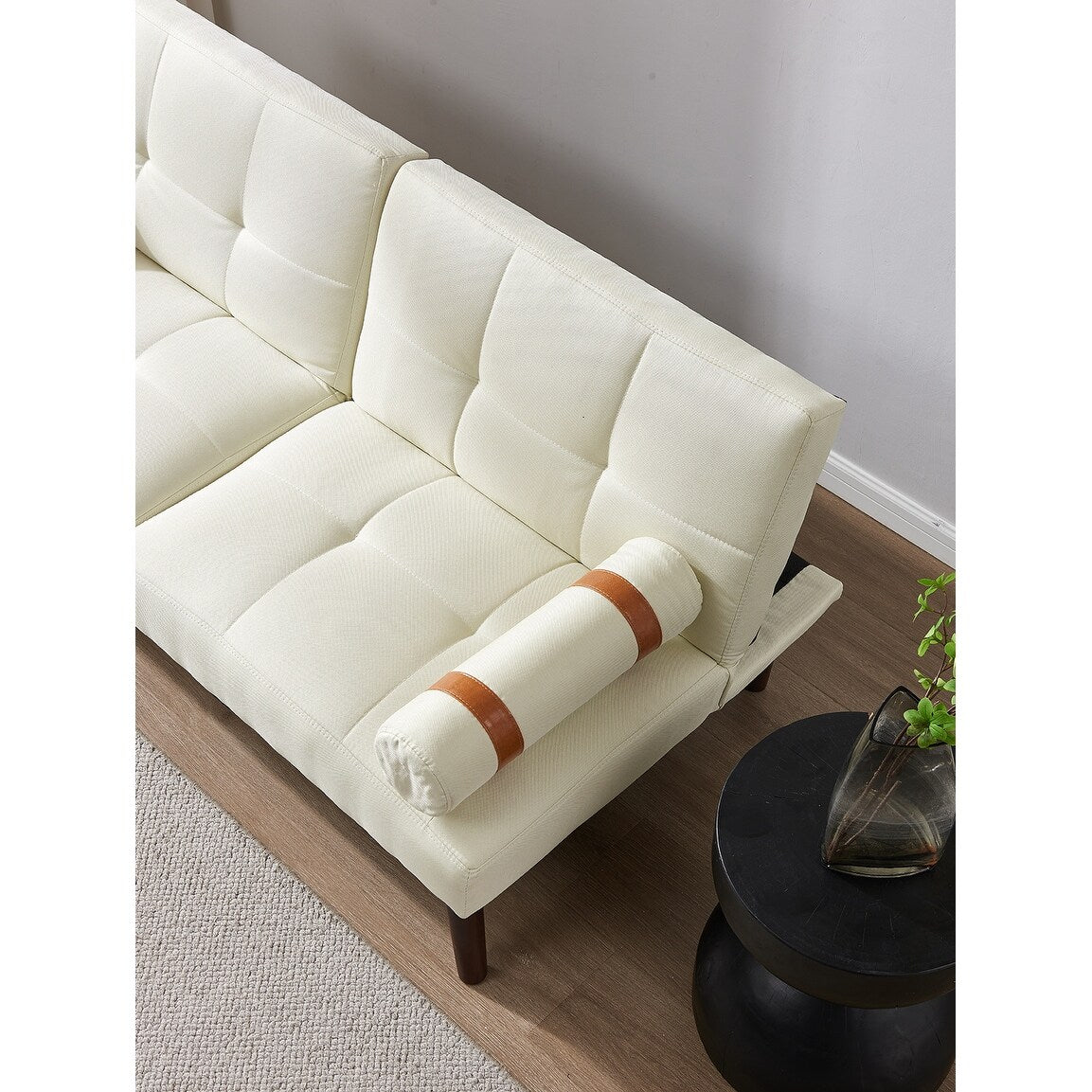 Convertible Sofa Bed Futon with Solid Wood Legs Linen Fabric Grey