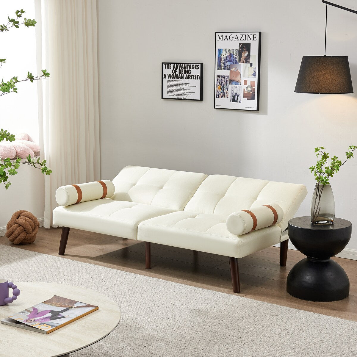 Convertible Sofa Bed Futon with Solid Wood Legs Linen Fabric Grey