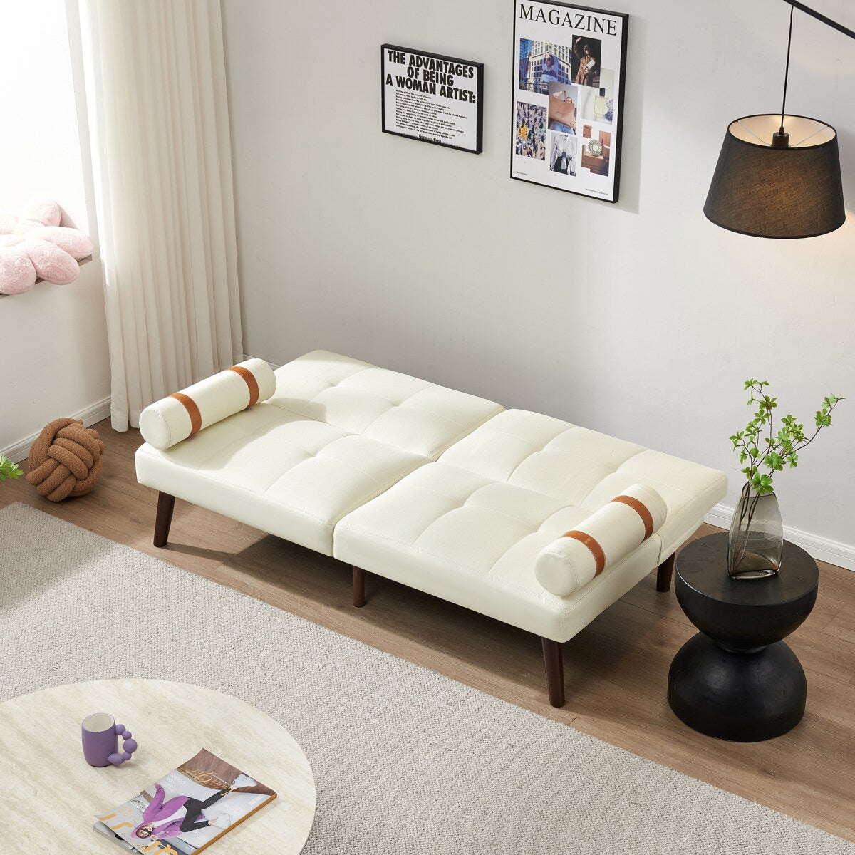 Convertible Sofa Bed Futon with Solid Wood Legs Linen Fabric Grey