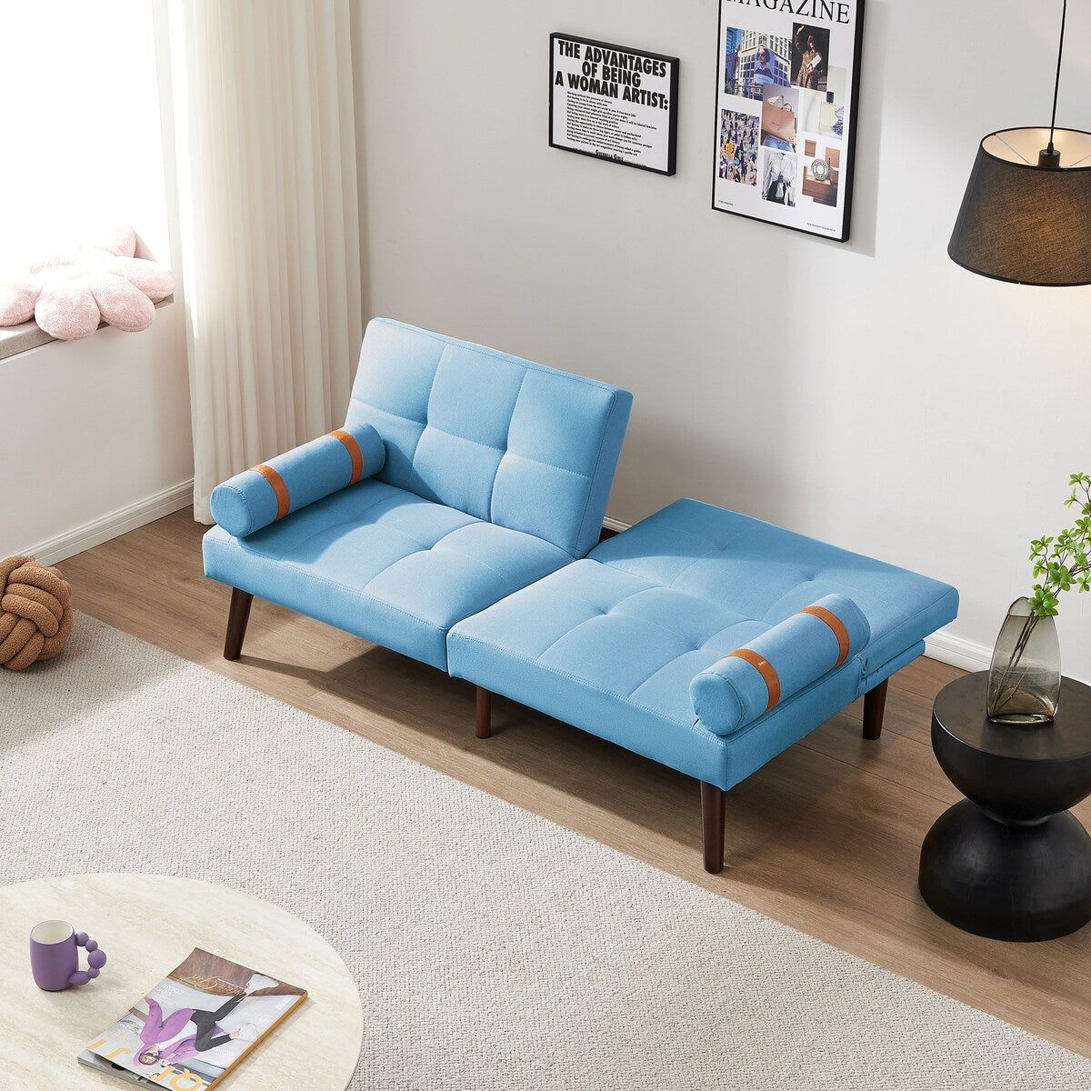 Convertible Sofa Bed Futon with Solid Wood Legs Linen Fabric Grey