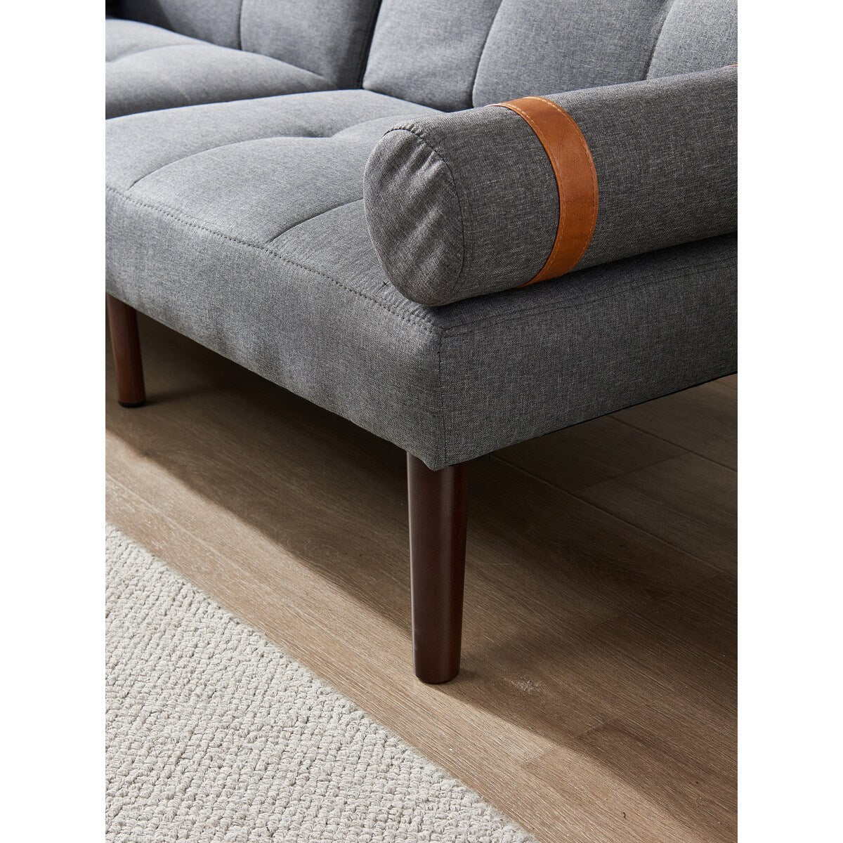 Convertible Sofa Bed Futon with Solid Wood Legs Linen Fabric Grey