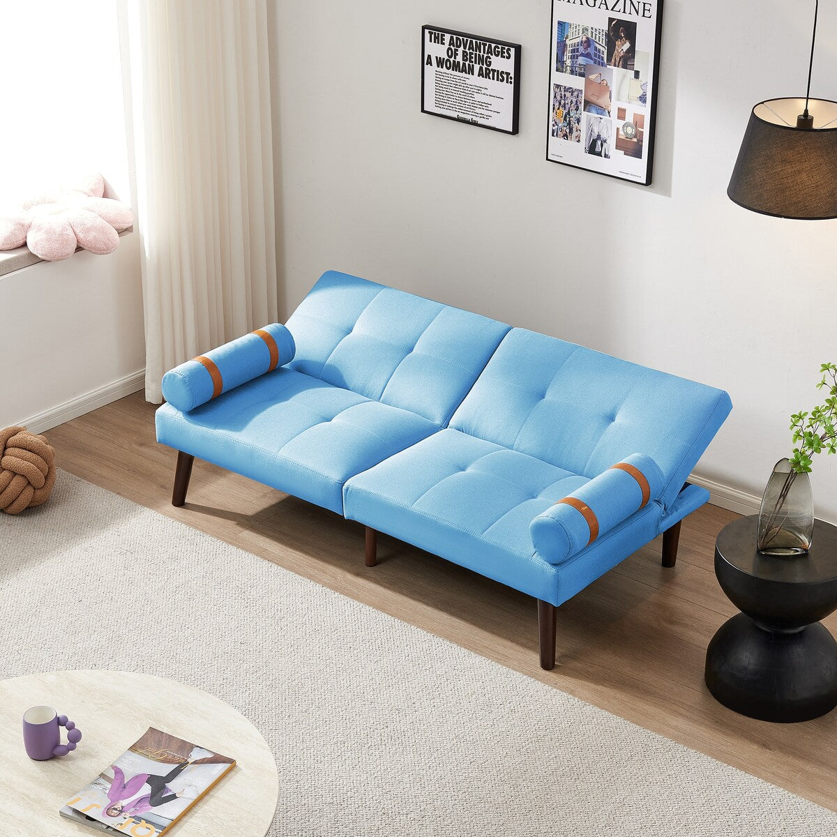 Convertible Sofa Bed Futon with Solid Wood Legs Linen Fabric Grey