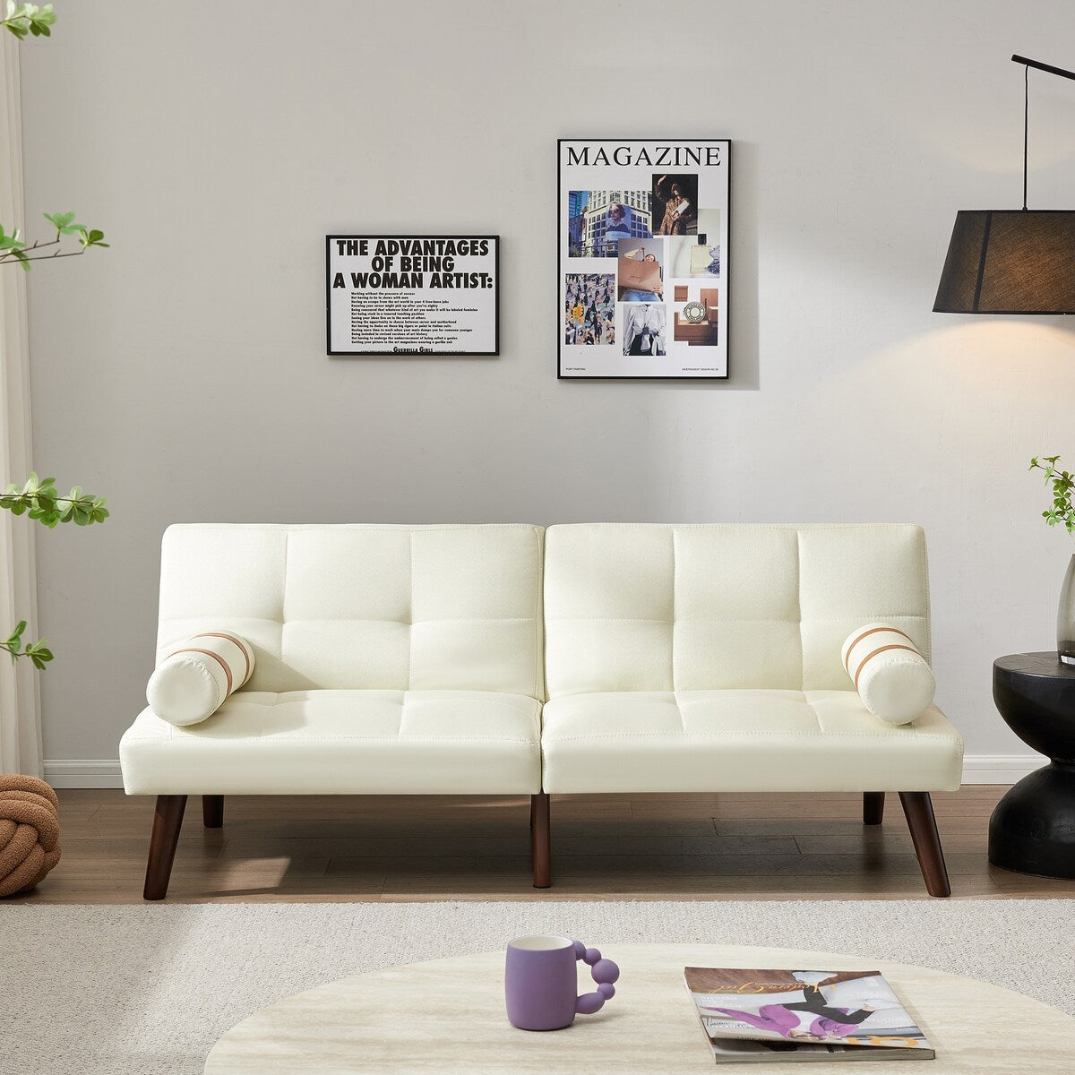 Convertible Sofa Bed Futon with Solid Wood Legs Linen Fabric Grey