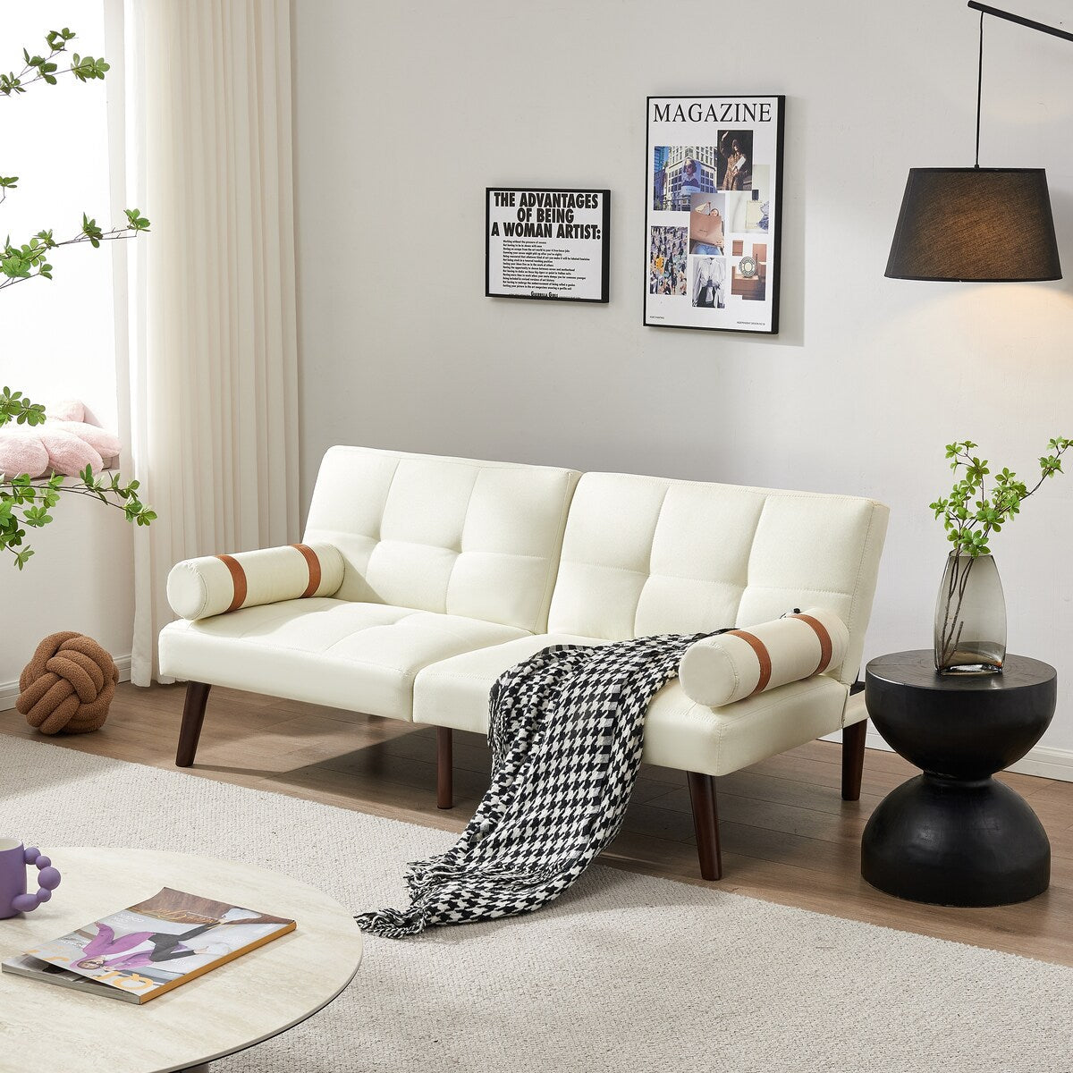 Convertible Sofa Bed Futon with Solid Wood Legs Linen Fabric Grey