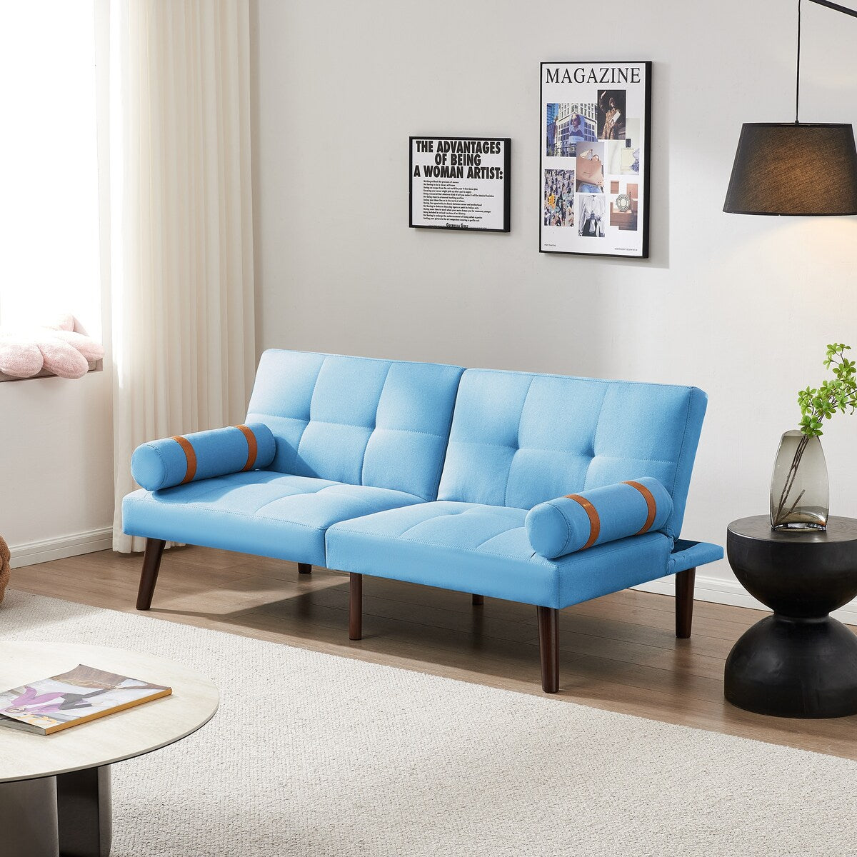 Convertible Sofa Bed Futon with Solid Wood Legs Linen Fabric Grey