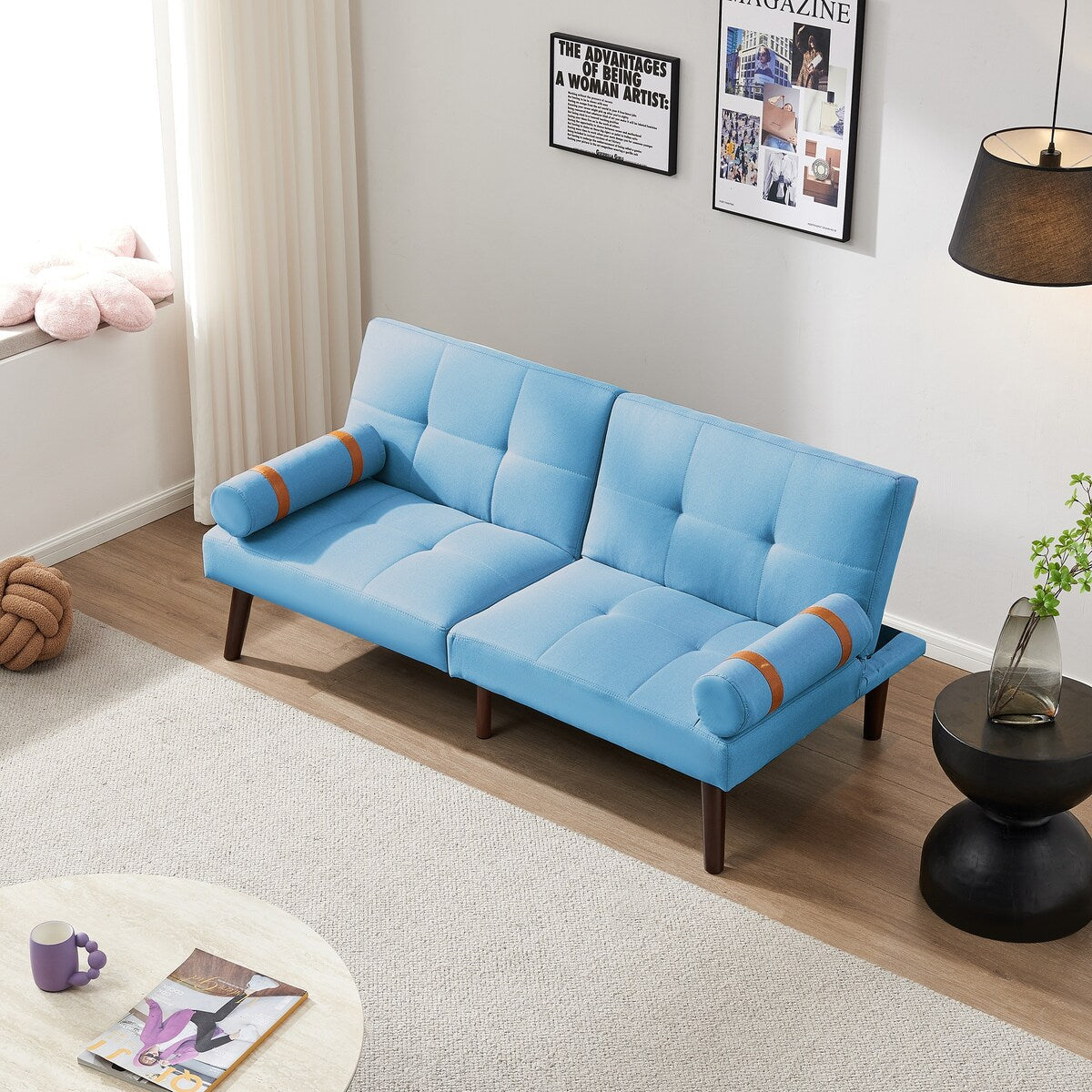 Convertible Sofa Bed Futon with Solid Wood Legs Linen Fabric Grey