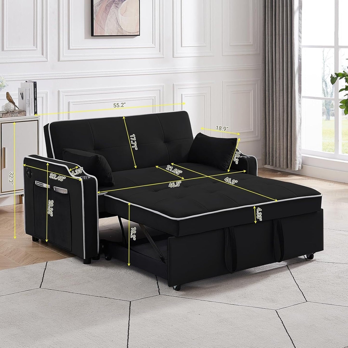Convertible Sofa Bed, 3-in-1 Multi-Functional Velvet Sleeper Couch Pull-Out Bed