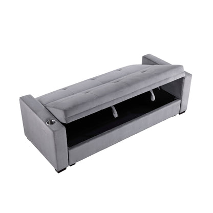 Convertible Sofa, Gray Tufted Velvet Back, USB Charging Ports, 84 Inch