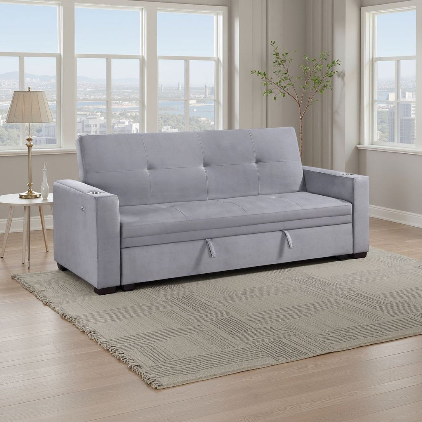 Convertible Sofa, Gray Tufted Velvet Back, USB Charging Ports, 84 Inch