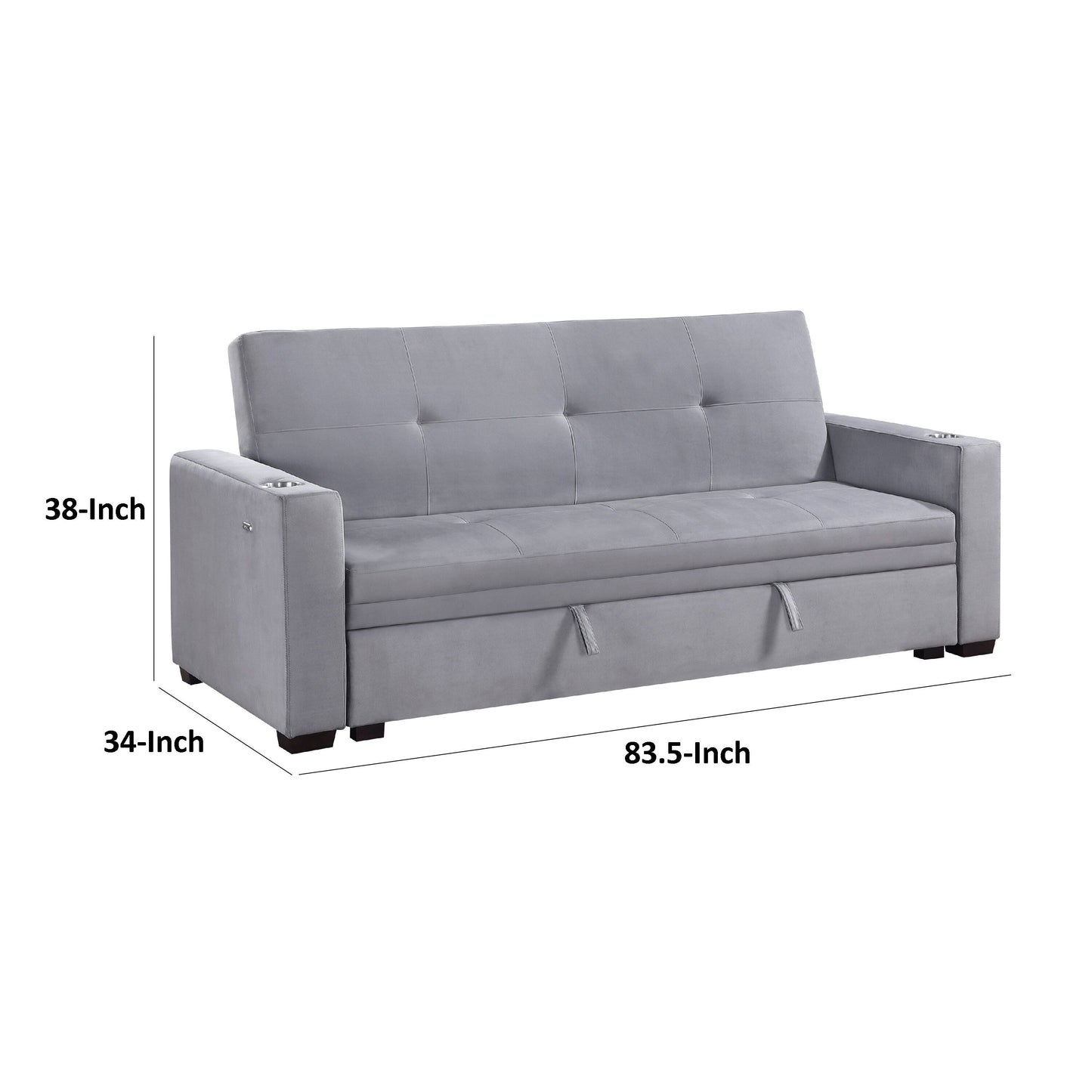 Convertible Sofa, Gray Tufted Velvet Back, USB Charging Ports, 84 Inch