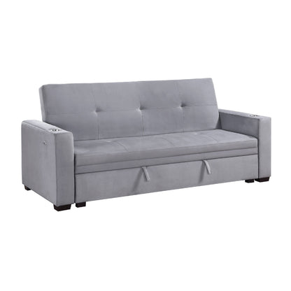 Convertible Sofa, Gray Tufted Velvet Back, USB Charging Ports, 84 Inch