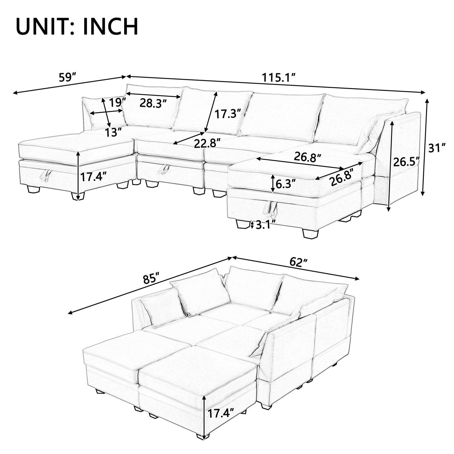 Convertible U-Shaped Modular Sectional Sofa with Storage Ottoman and Reversible Chaise for Living Room
