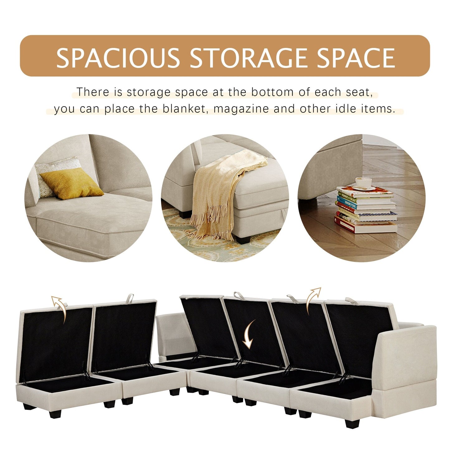 Convertible U-Shaped Modular Sectional Sofa with Storage Ottoman and Reversible Chaise for Living Room
