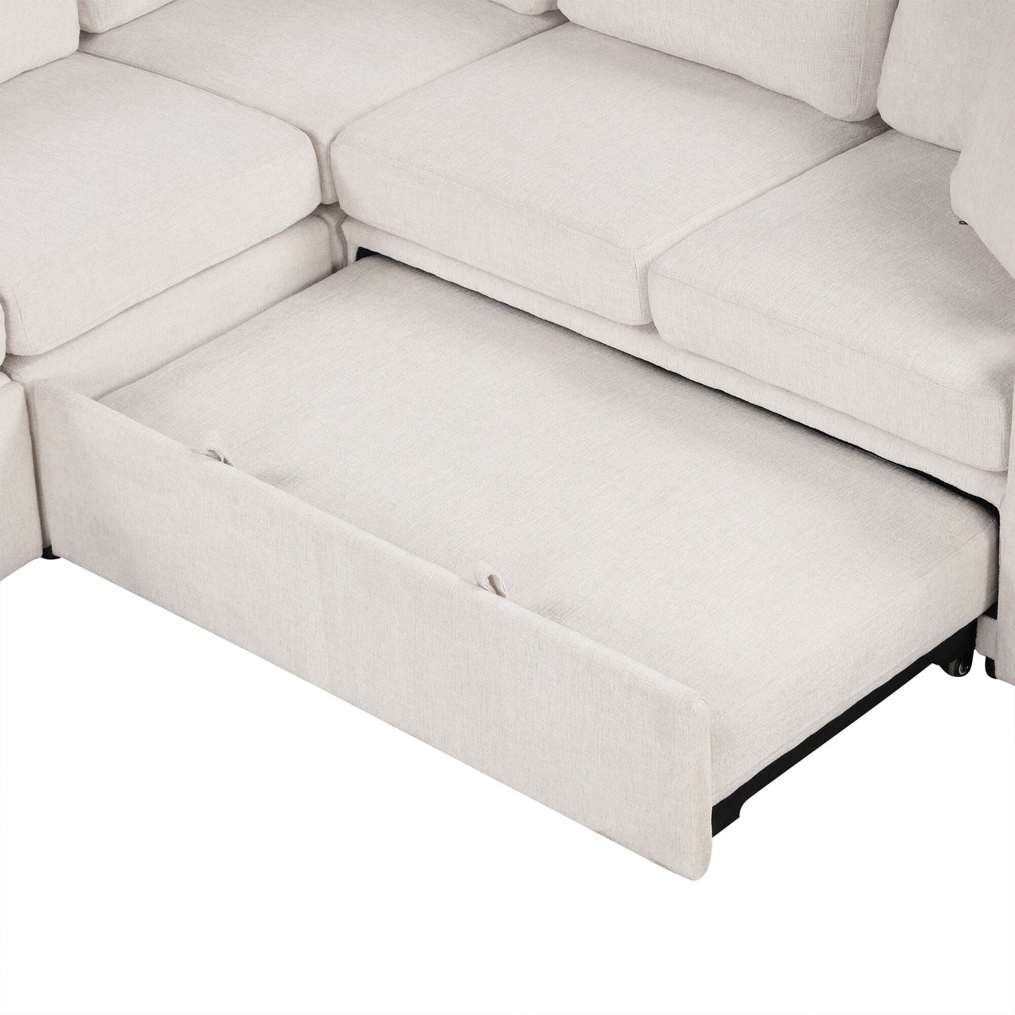 Convertible U-Shaped Sectional Sofa with Pull-Out Bed, USB Ports and Cup Holders for Living Room