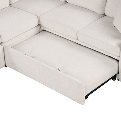 Convertible U-Shaped Sectional Sofa with Pull-Out Bed, USB Ports and Cup Holders for Living Room
