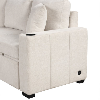Convertible U-Shaped Sectional Sofa with Pull-Out Bed, USB Ports and Cup Holders for Living Room