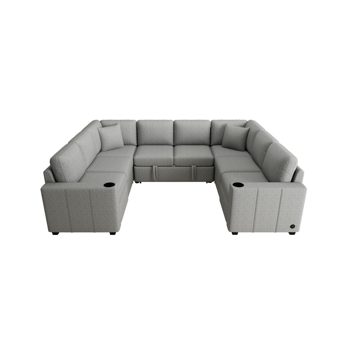 Convertible U-Shaped Sectional Sofa with Pull-Out Bed, USB Ports and Cup Holders for Living Room