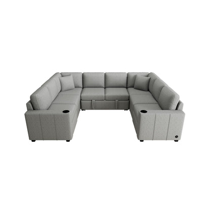Convertible U-Shaped Sectional Sofa with Pull-Out Bed, USB Ports and Cup Holders for Living Room