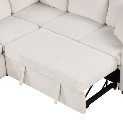 Convertible U-Shaped Sectional Sofa with Pull-Out Bed, USB Ports and Cup Holders for Living Room