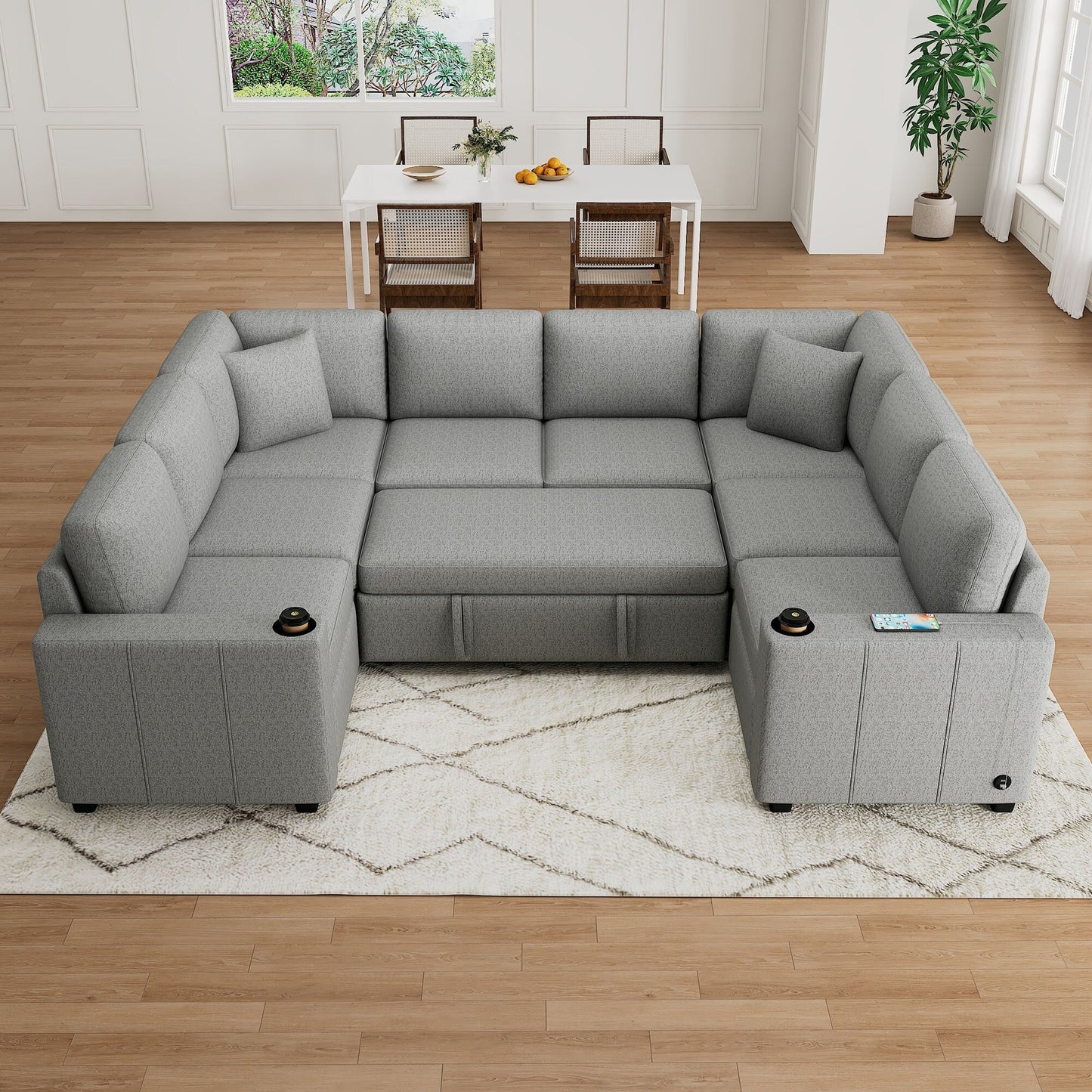 Convertible U-Shaped Sectional Sofa with Pull-Out Bed, USB Ports and Cup Holders for Living Room