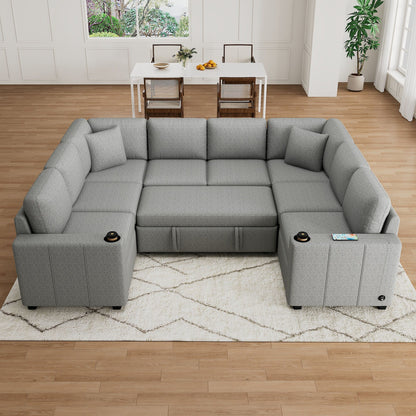 Convertible U-Shaped Sectional Sofa with Pull-Out Bed, USB Ports and Cup Holders for Living Room