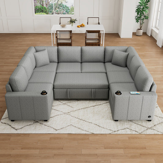 Convertible U-Shaped Sectional Sofa with Pull-Out Bed, USB Ports and Cup Holders for Living Room