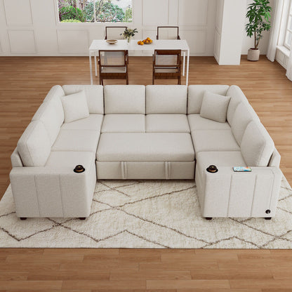Convertible U-Shaped Sectional Sofa with Pull-Out Bed, USB Ports and Cup Holders for Living Room
