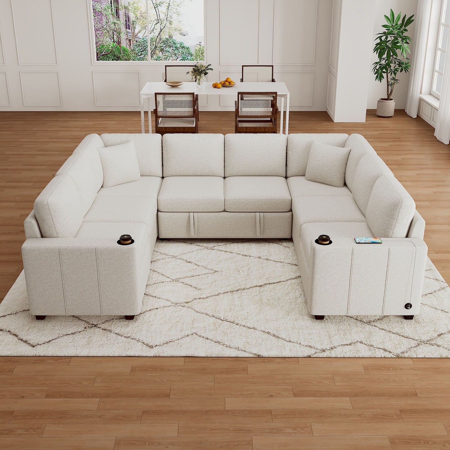 Convertible U-Shaped Sectional Sofa with Pull-Out Bed, USB Ports and Cup Holders for Living Room