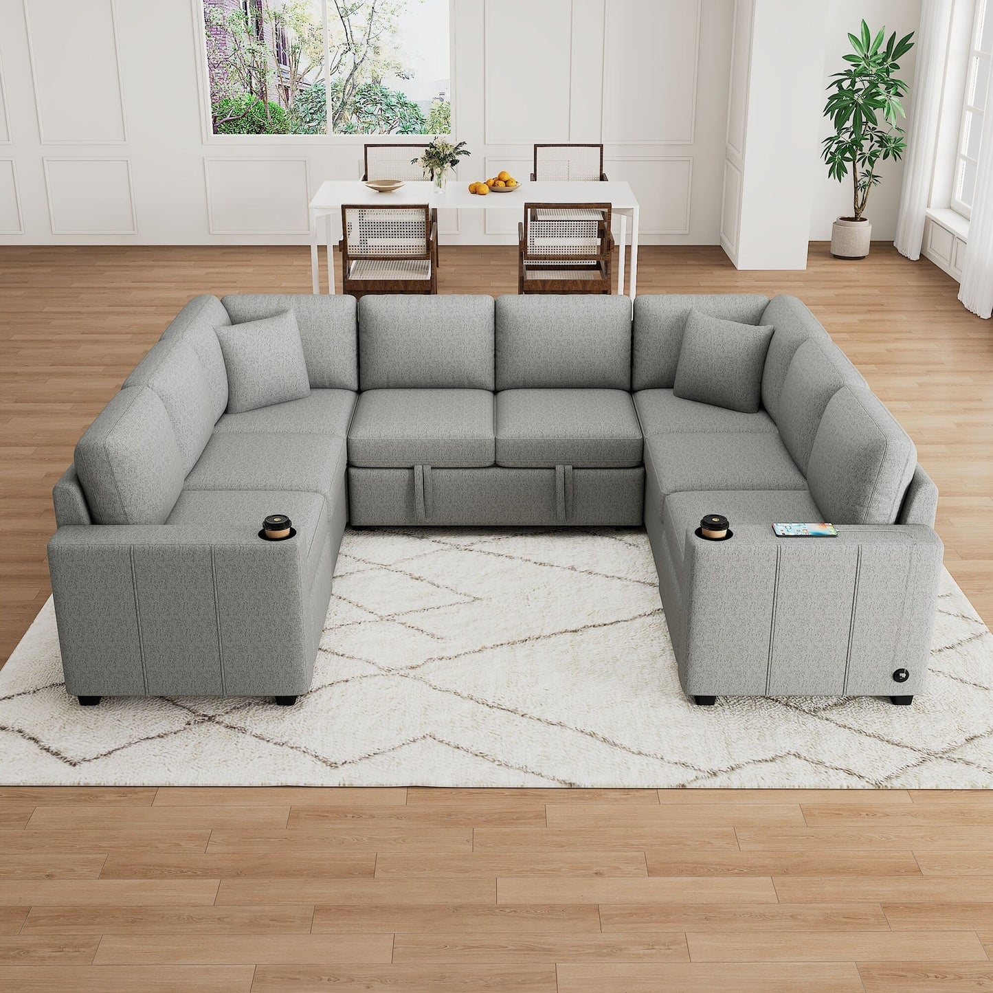 Convertible U-Shaped Sectional Sofa with Pull-Out Bed, USB Ports and Cup Holders for Living Room