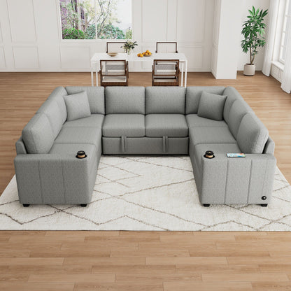 Convertible U-Shaped Sectional Sofa with Pull-Out Bed, USB Ports and Cup Holders for Living Room
