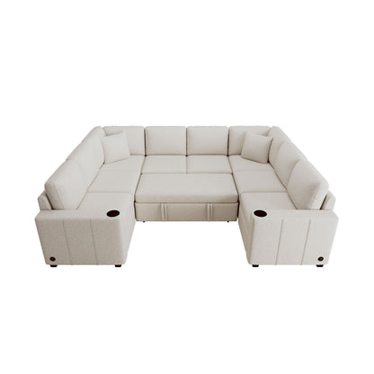 Convertible U-Shaped Sectional Sofa with Pull-Out Bed, USB Ports and Cup Holders for Living Room