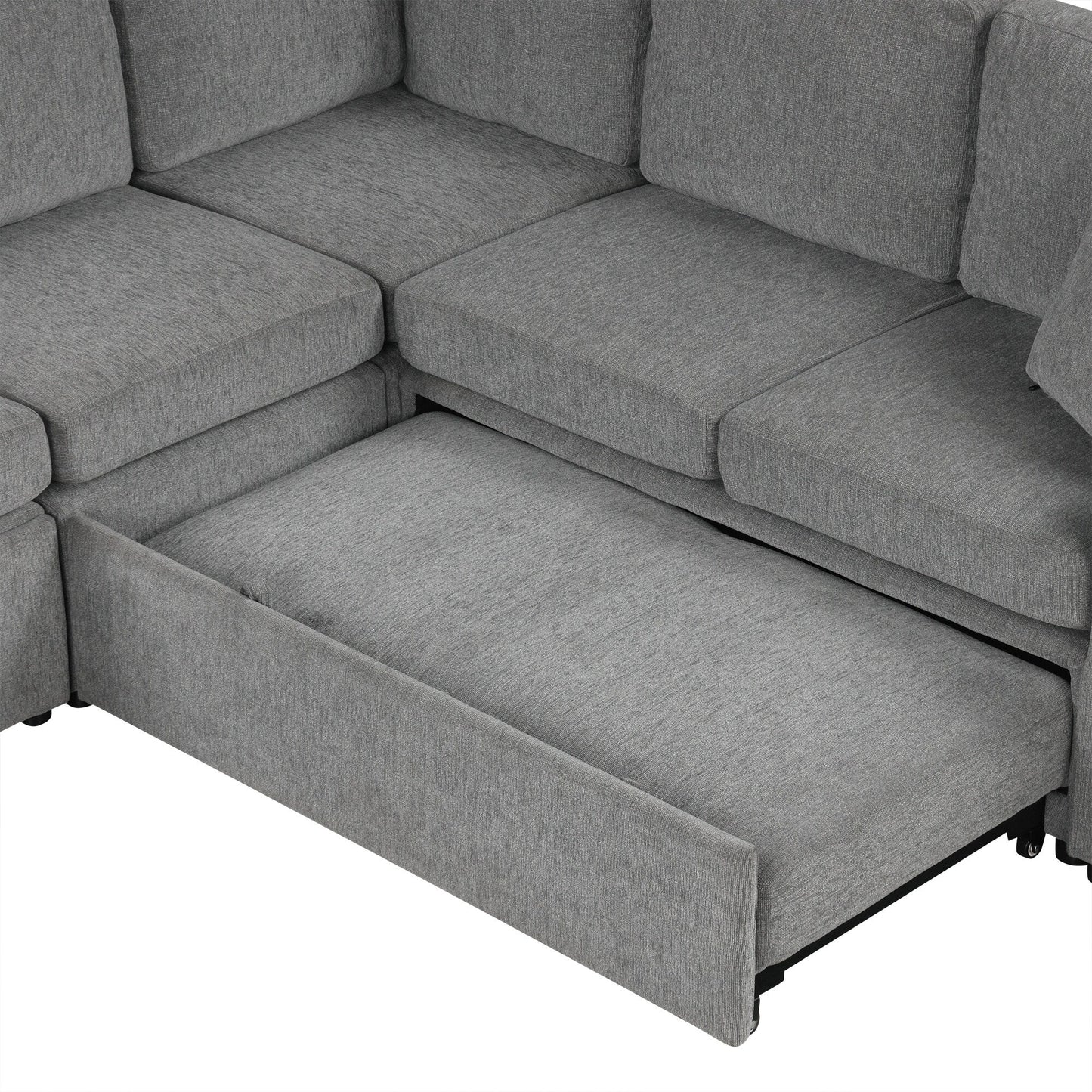 Convertible U-Shaped Sectional Sofa with Pull-Out Bed, USB Ports and Cup Holders for Living Room