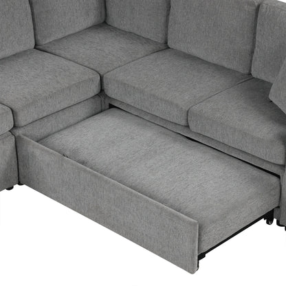Convertible U-Shaped Sectional Sofa with Pull-Out Bed, USB Ports and Cup Holders for Living Room