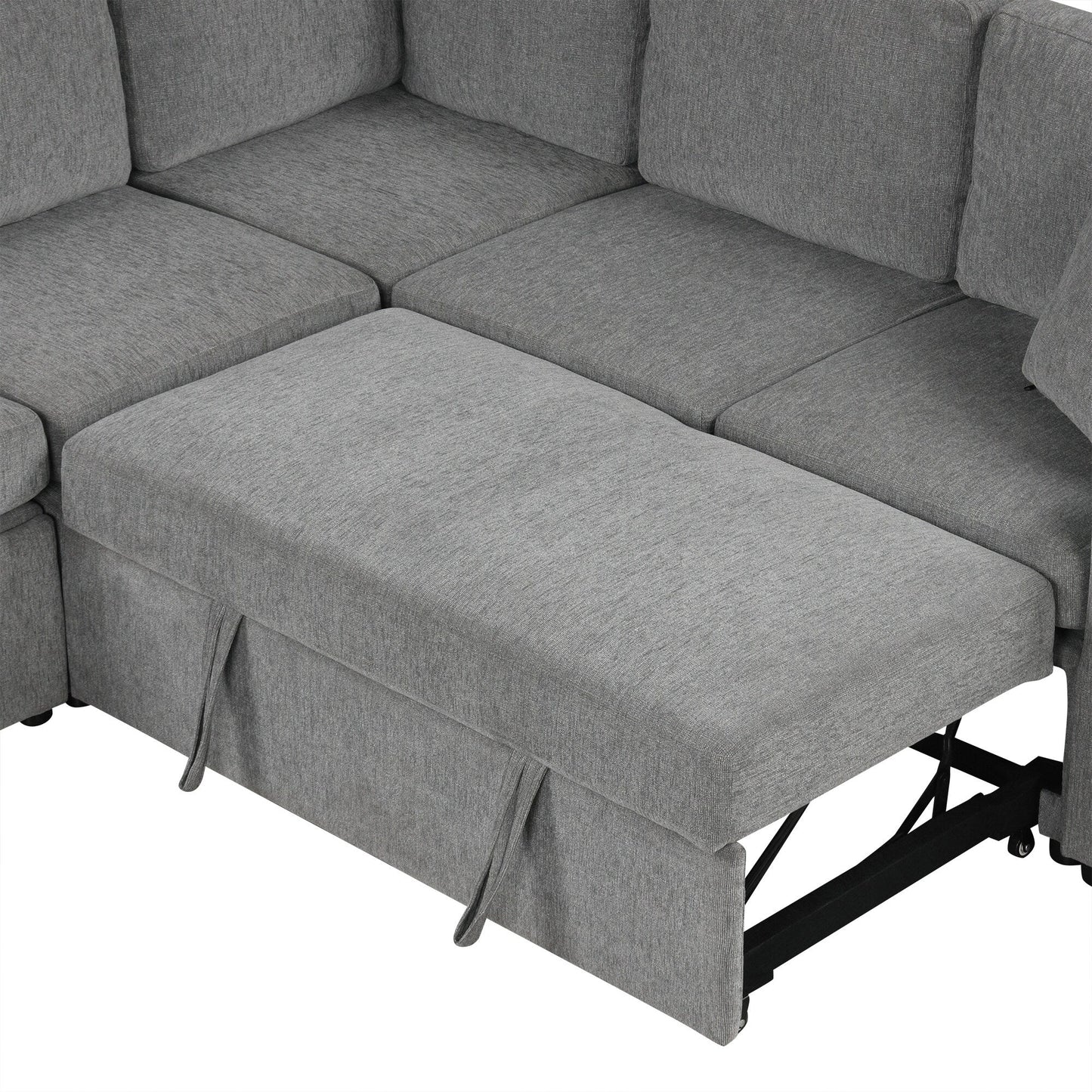 Convertible U-Shaped Sectional Sofa with Pull-Out Bed, USB Ports and Cup Holders for Living Room