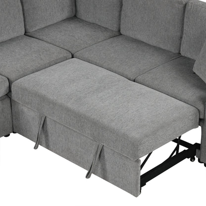 Convertible U-Shaped Sectional Sofa with Pull-Out Bed, USB Ports and Cup Holders for Living Room