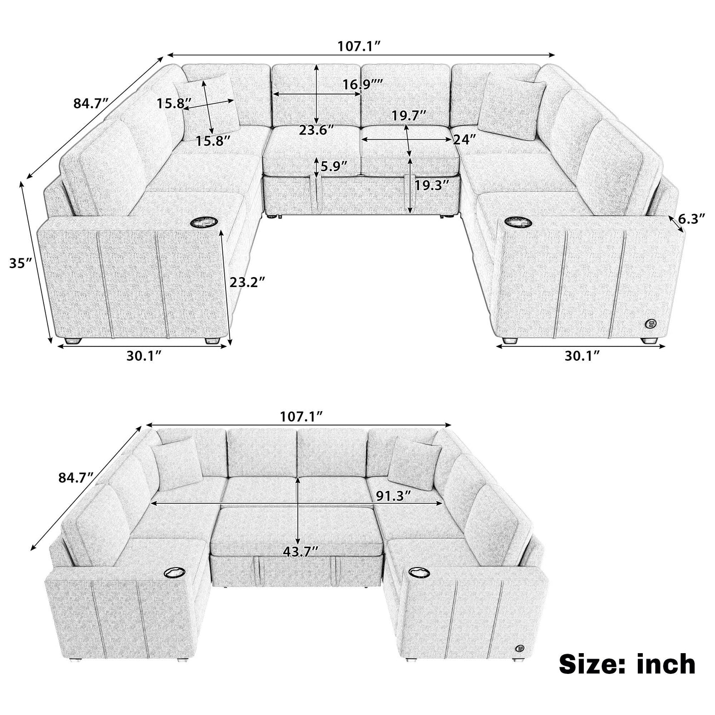 Convertible U-Shaped Sectional Sofa with Pull-Out Bed, USB Ports and Cup Holders for Living Room