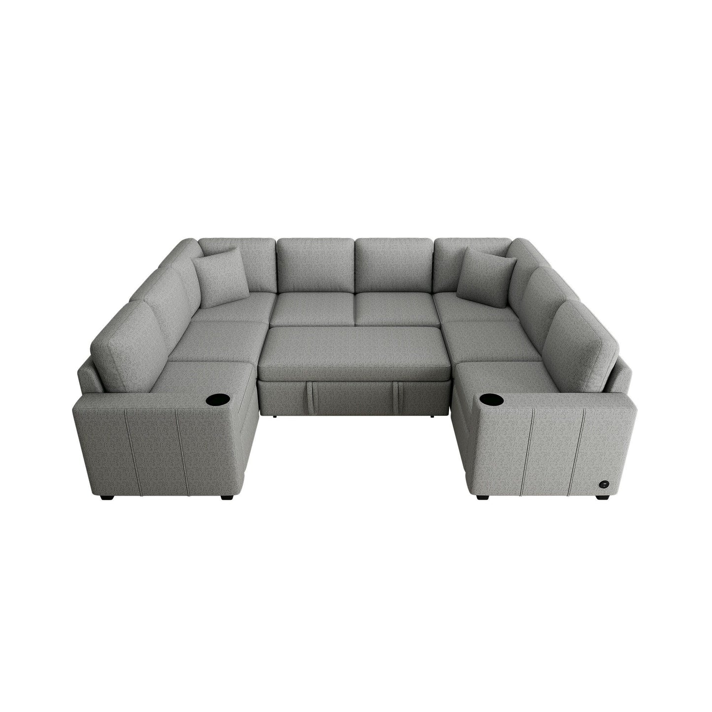 Convertible U-Shaped Sectional Sofa with Pull-Out Bed, USB Ports and Cup Holders for Living Room