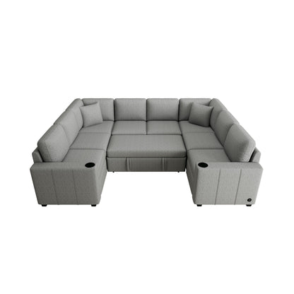 Convertible U-Shaped Sectional Sofa with Pull-Out Bed, USB Ports and Cup Holders for Living Room