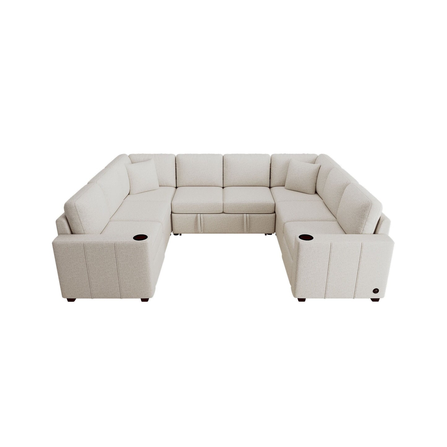 Convertible U-Shaped Sectional Sofa with Pull-Out Bed, USB Ports and Cup Holders for Living Room