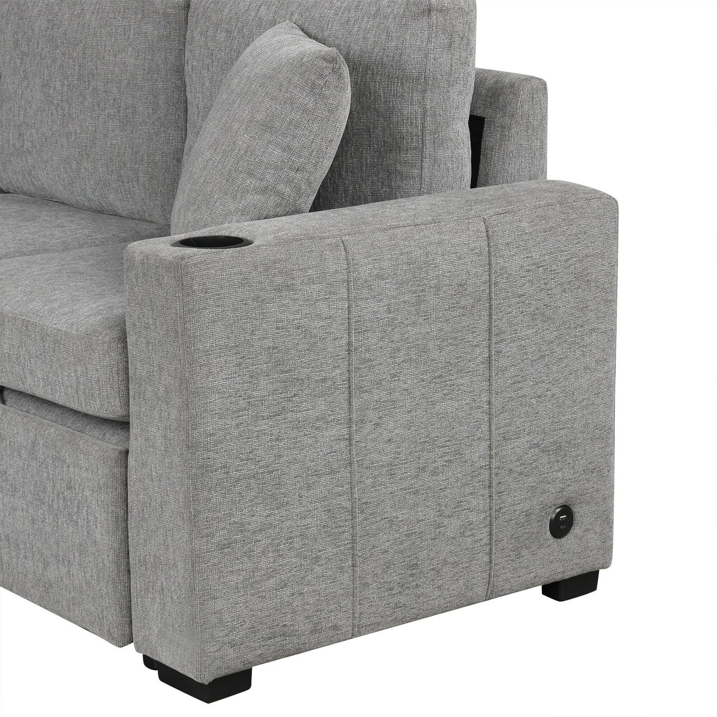 Convertible U-Shaped Sectional Sofa with Pull-Out Bed, USB Ports and Cup Holders for Living Room