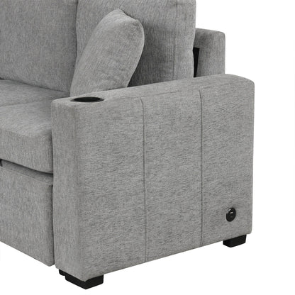 Convertible U-Shaped Sectional Sofa with Pull-Out Bed, USB Ports and Cup Holders for Living Room