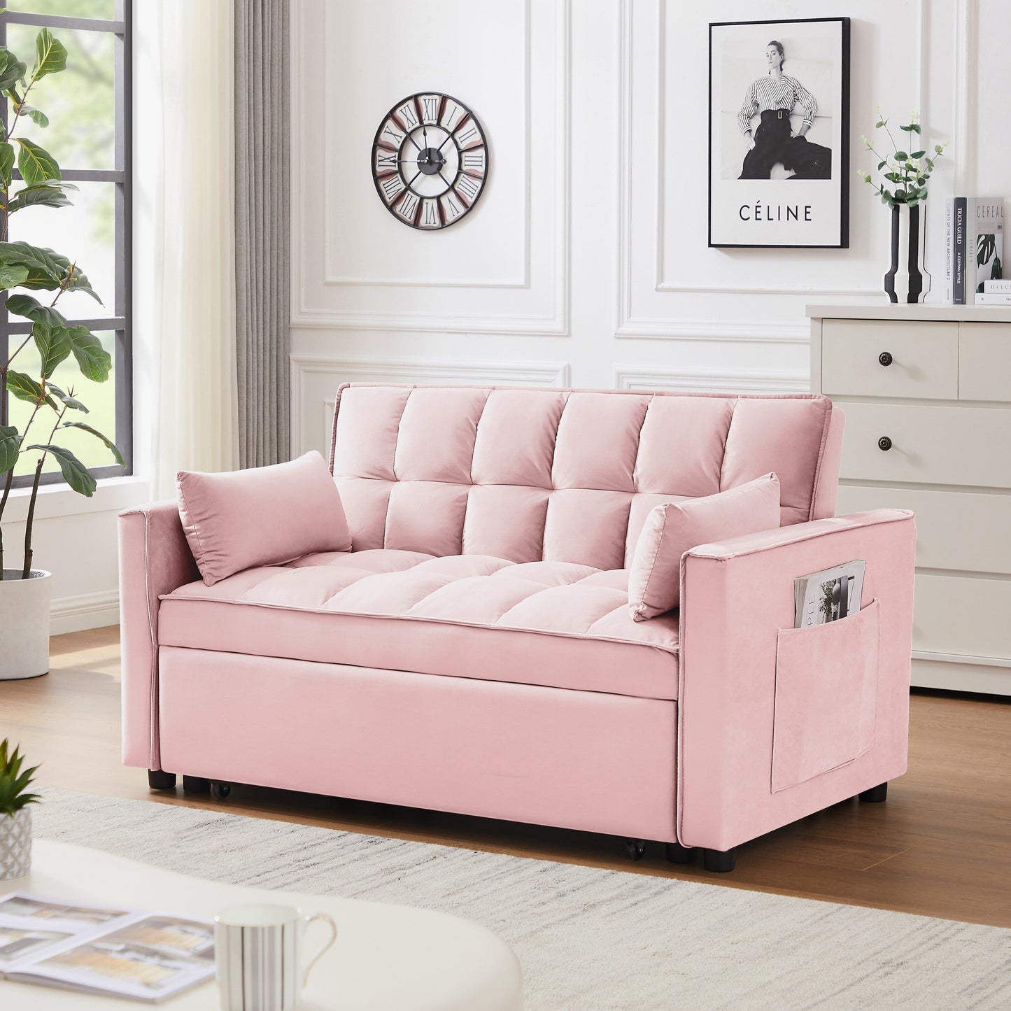 Convertible Velvet Loveseat with Reclining Backrest, Pullout Bed & Toss Pillows, Perfect for Small Spaces
