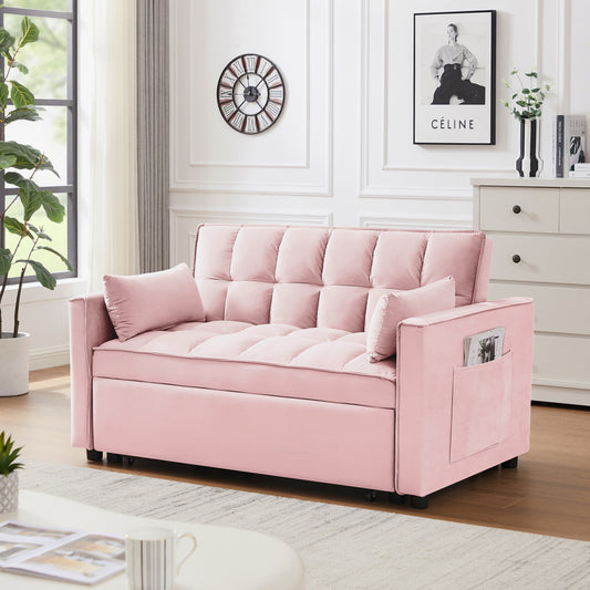 Convertible Velvet Loveseat with Reclining Backrest, Pullout Bed & Toss Pillows, Perfect for Small Spaces