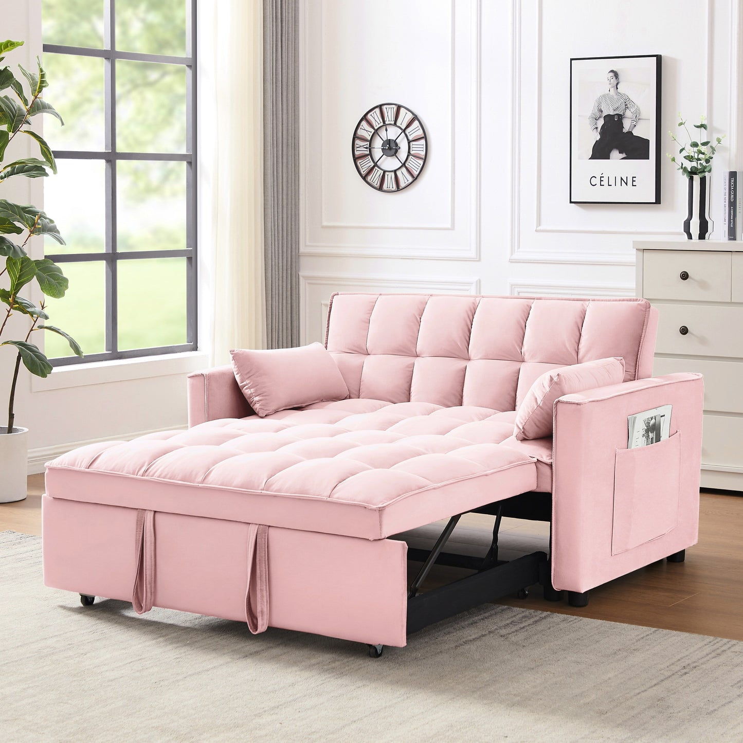 Convertible Velvet Loveseat with Reclining Backrest, Pullout Bed & Toss Pillows, Perfect for Small Spaces