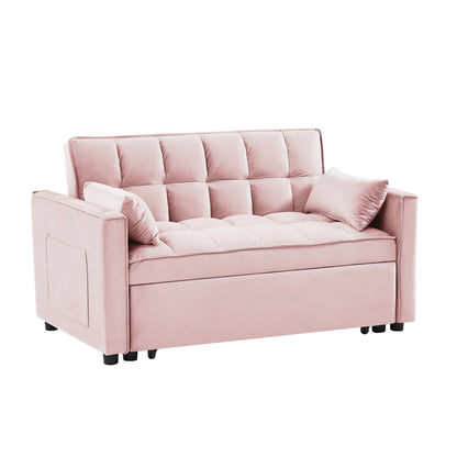 Convertible Velvet Loveseat with Reclining Backrest, Pullout Bed & Toss Pillows, Perfect for Small Spaces