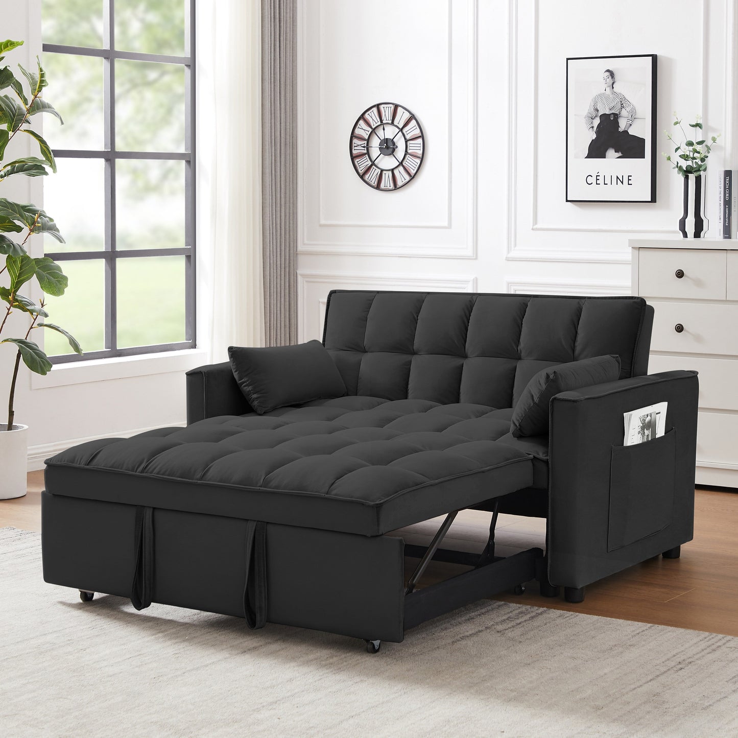 Convertible Velvet Loveseat with Reclining Backrest, Pullout Bed & Toss Pillows, Perfect for Small Spaces