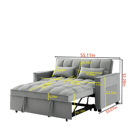 Convertible Velvet Loveseat with Reclining Backrest, Pullout Bed & Toss Pillows, Perfect for Small Spaces
