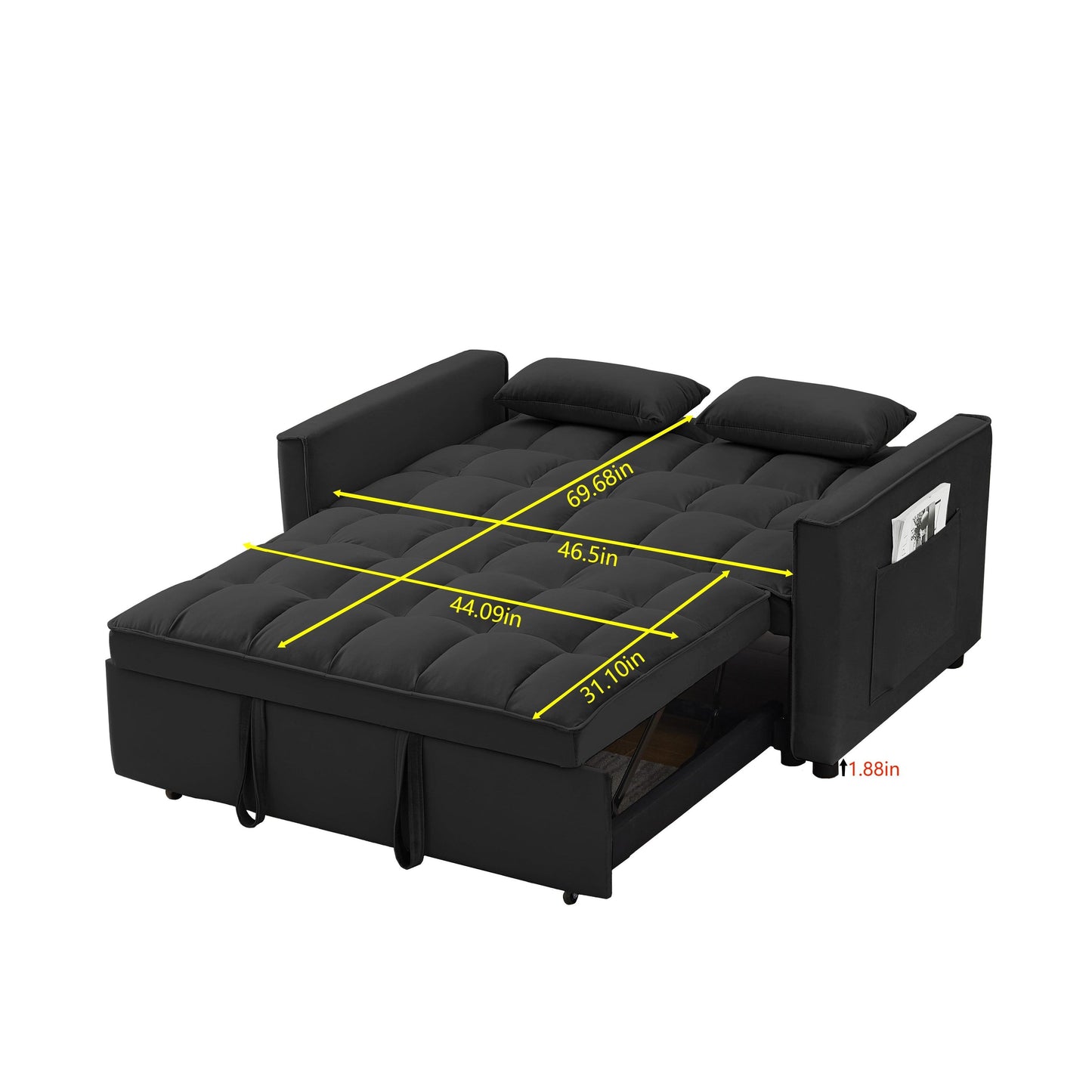 Convertible Velvet Loveseat with Reclining Backrest, Pullout Bed & Toss Pillows, Perfect for Small Spaces