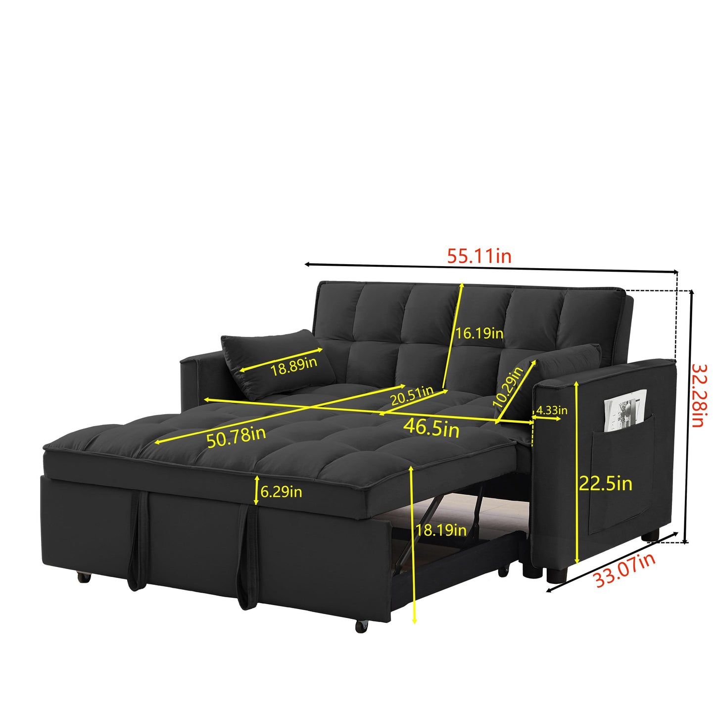 Convertible Velvet Loveseat with Reclining Backrest, Pullout Bed & Toss Pillows, Perfect for Small Spaces